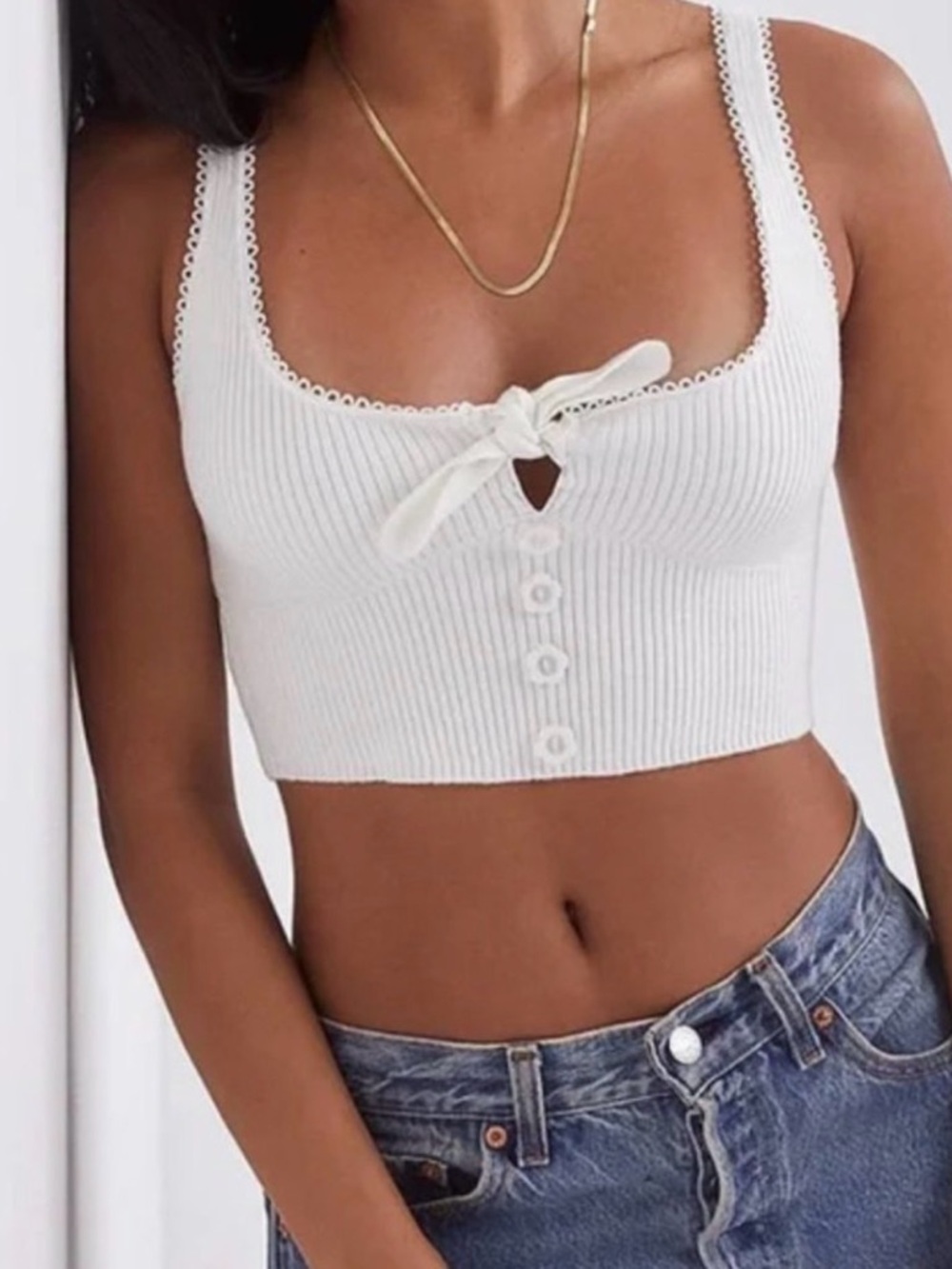 For Love And Lemons White pointelle Ribbed Knot-Front Crop Tank